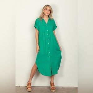 723. Kelly Green Oversized Linen Woven Midi Dress